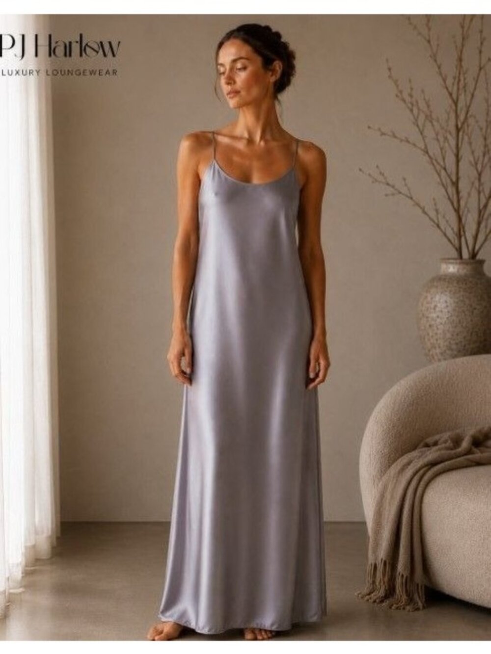 PJ Harlow Liquid Silver Satin Loungewear Dressing Gown Gathers in Back M